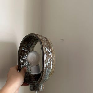Handmade Oval Ceramic Wall Lamp, Brown Blue Glaze, Plug-in Ambient Light image 10
