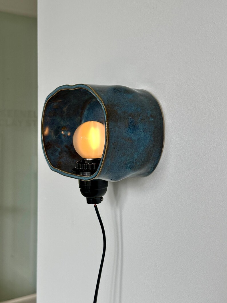 Handmade Blue Ceramic Plug-In Wall Sconce, Dimmable Modern Accent Light image 14
