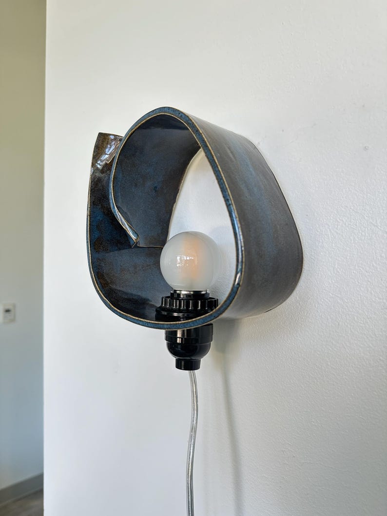 Handmade Ceramic Wall Sconce, Dimmable Blue Accent Light, Modern Ambient Lighting image 5