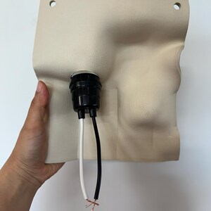 May include: A beige, textured, square-shaped wall plate with two circular mounting holes at the top corners. A black cylindrical light socket is mounted in the center, featuring one white wire and one black wire with exposed copper ends.