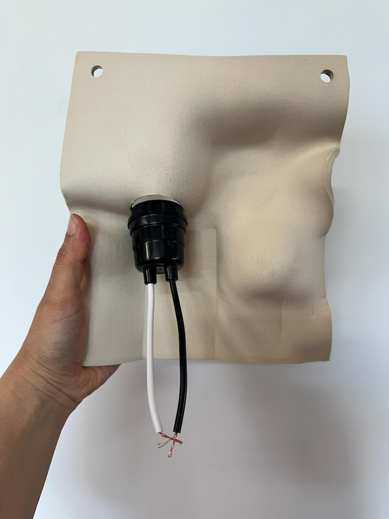 May include: A beige, textured, square-shaped wall plate with two circular mounting holes at the top corners. A black cylindrical light socket is mounted in the center, featuring one white wire and one black wire with exposed copper ends.
