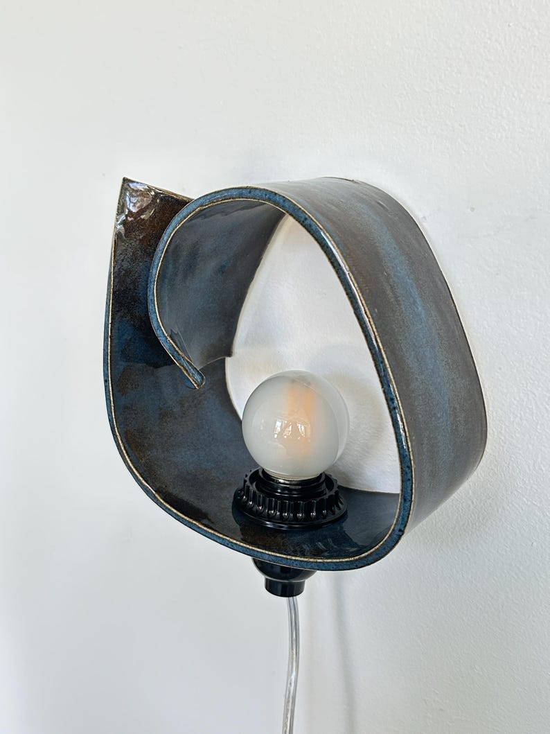 Handmade Ceramic Wall Sconce, Dimmable Blue Accent Light, Modern Ambient Lighting image 1