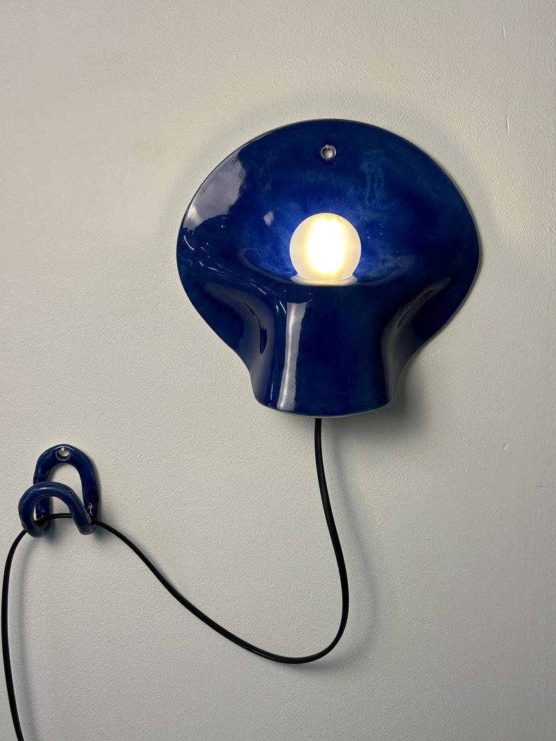 Blue Ceramic Wall Sconce, Plug-In or Hardwired Wall Light, Crystal Glaze, Unique Handmade Finish, Modern Dimmable Lamp, Bedroom Lighting image 7