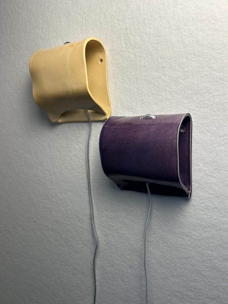 May include: Two wall-mounted lamps with curved, semi-cylindrical shades. One lamp is a matte light beige, and the other is a glossy deep purple. Each lamp features a silver metal ring at the top and a thin gray electrical cord extending downward.