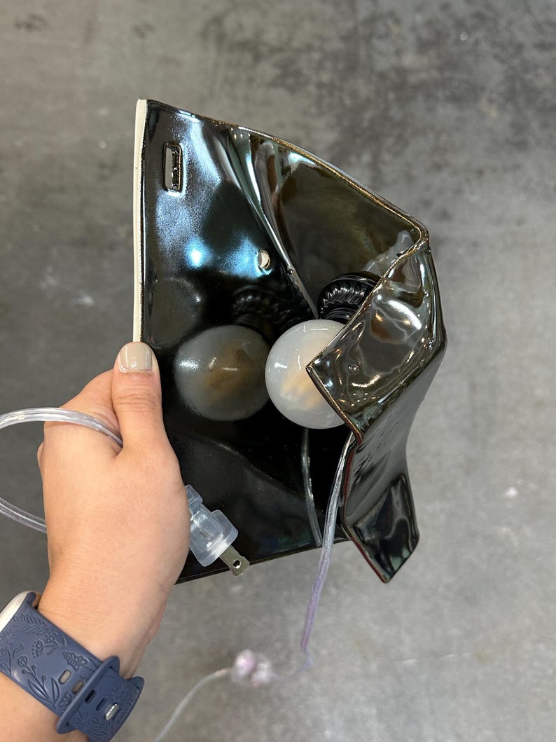 Peut inclure: Une applique murale compos&eacute;e d'un abat-jour en c&eacute;ramique noir brillant &agrave; la silhouette irr&eacute;guli&egrave;re et pli&eacute;e. Le luminaire comprend une ampoule blanche, une douille noire et un cordon &eacute;lectrique transparent avec une fiche &agrave; deux broches.