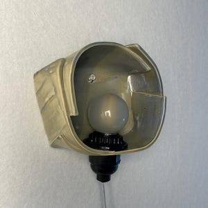 Puede incluir: Un aplique de pared con una pantalla de cer&aacute;mica de color verde salvia formada a mano con una forma org&aacute;nica plegada. La l&aacute;mpara incluye un casquillo negro, una bombilla redonda esmerilada y un fino cord&oacute;n que cuelga del centro inferior.