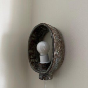 Handmade Oval Ceramic Wall Lamp, Brown Blue Glaze, Plug-in Ambient Light image 8
