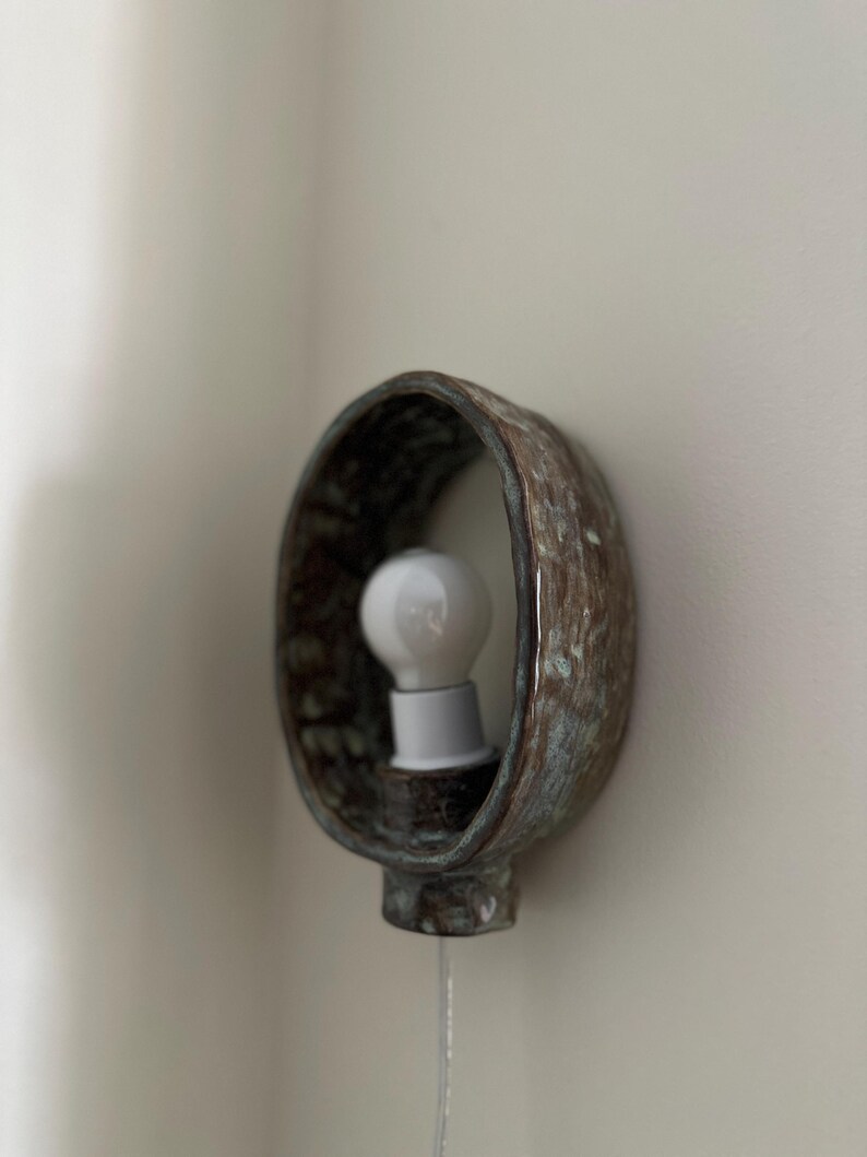 Handmade Oval Ceramic Wall Lamp, Brown Blue Glaze, Plug-in Ambient Light image 8