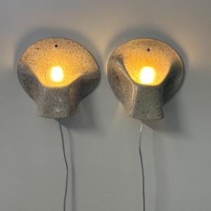 May include: A pair of wall-mounted sconces featuring a speckled off-white ceramic shell design. Each lamp emits a warm, glowing light from a central bulb and includes a thin, clear electrical cord extending downwards from the base of the fixture.