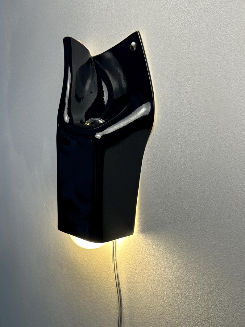 May include: A glossy black ceramic wall sconce with an organic, folded silhouette. The fixture features a central opening housing a light bulb that emits a warm glow downward, with a thin, transparent power cord extending from the bottom edge.