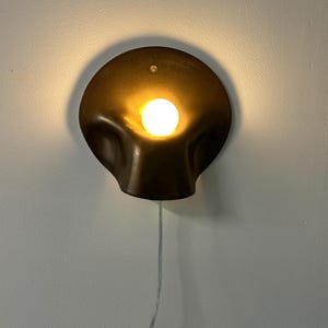May include: A wall-mounted lamp featuring a dark, metallic, circular shade with a fluid, organic, shell-like shape. A single, bright, warm-toned light bulb is centered within the recessed portion of the shade, with a thin, clear power cord extending downward.