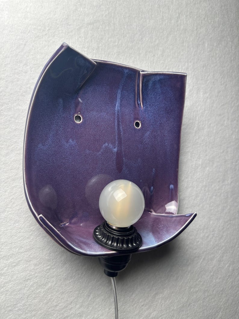 Handmade Purple Ceramic Wall Sconce, Modern Statement Lamp, Dimmable Plug-In Light image 1