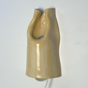 Pu&ograve; includere: Una lampada da parete in ceramica giallo pallido lucida con una forma organica e ripiegata. L'oggetto presenta un'apertura centrale per una lampadina, un piccolo foro di montaggio circolare nella parte superiore e un sottile cavo elettrico trasparente.