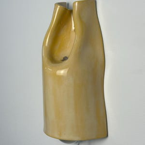 Pu&ograve; includere: Una lampada da parete in ceramica con una finitura lucida color giallo pallido. L'oggetto presenta una silhouette allungata, organica e curva con una sezione superiore scavata e una piccola apertura circolare. Un sottile cavo esce dalla base.