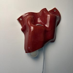 Puede incluir: Una l&aacute;mpara de pared con una pantalla de cer&aacute;mica de color rojo intenso brillante con una forma irregular, org&aacute;nica y plegada. El aplique incluye una peque&ntilde;a bombilla blanca redonda que sobresale por debajo y un cable el&eacute;ctrico fino.