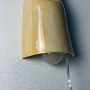 Pu&ograve; includere: Una lampada da parete con un paralume in ceramica gialla lucida e curva con una finitura liscia. L'apparecchio presenta un design aperto nella parte superiore e un cavo elettrico trasparente che fuoriesce dal basso, con una lampadina satinata.