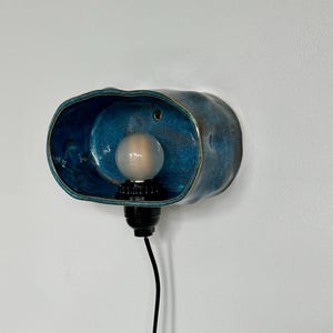 May include: A blue ceramic wall sconce with a bulb. The sconce has a unique, organic shape with a dark blue interior and a lighter blue exterior. A black cord extends from the base of the light fixture.