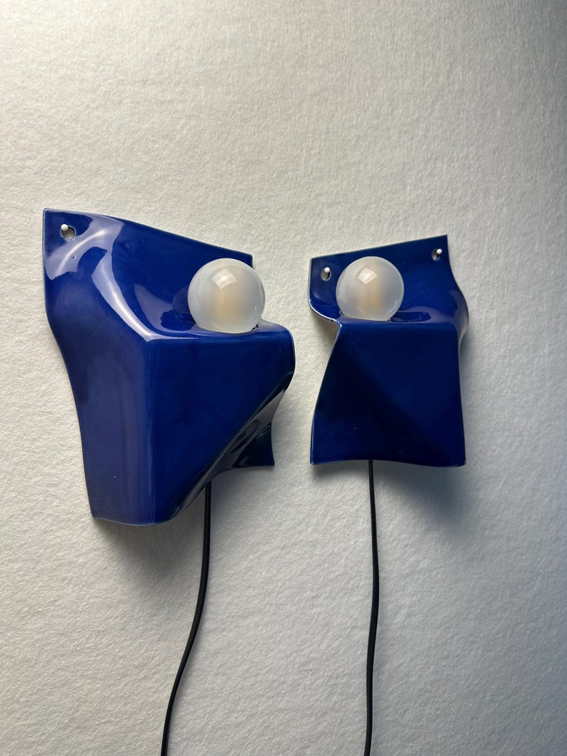 Handmade Blue Ceramic Wall Sconces, Plug-In Bedside Accent Lighting (Set of 2) image 4