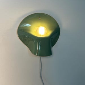 May include: A wall-mounted ceramic lamp with a glossy sage green finish and an organic, curved shape. The fixture features a central circular opening that houses a glowing, warm-toned light bulb, with a thin white power cord extending downward.