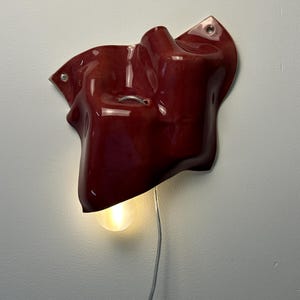 Puede incluir: Una l&aacute;mpara de pared con una forma cer&aacute;mica org&aacute;nica de color rojo intenso brillante y contornos irregulares. Una bombilla redonda y brillante sobresale del borde inferior, y un cable de alimentaci&oacute;n fino y transparente cuelga verticalmente.