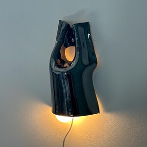 May include: A dark, glossy ceramic wall sconce with a smooth, curved, organic silhouette. The fixture features a central opening and emits a warm, soft glow from a light bulb positioned at the bottom, with a thin power cord extending downwards.