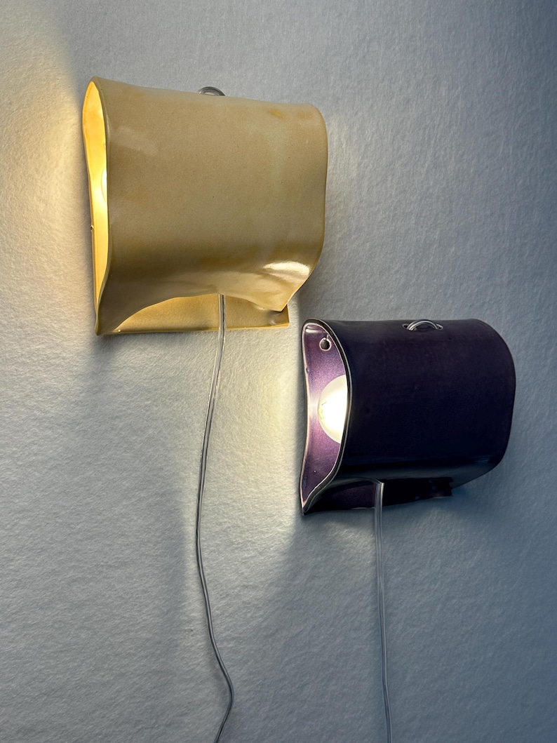 Handmade Ceramic Wall Sconces, Yellow and Purple Ambient Lighting, Plug-in Sconces image 12