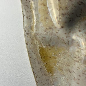 May include: A ceramic wall piece with a curved, organic shape featuring a speckled cream and beige surface. The glaze exhibits a distinct crackle texture with translucent amber-colored pooling in the recessed areas and dark brown speckles.