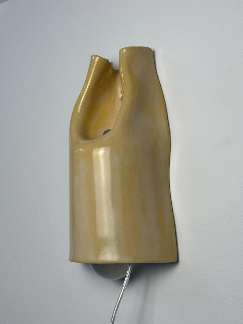 Pu&ograve; includere: Una lampada da parete in ceramica con una finitura lucida color giallo pallido. L'oggetto presenta una forma allungata, organica e asimmetrica con una sezione superiore incavata. Una lampadina &egrave; visibile in basso, collegata da un cavo trasparente.