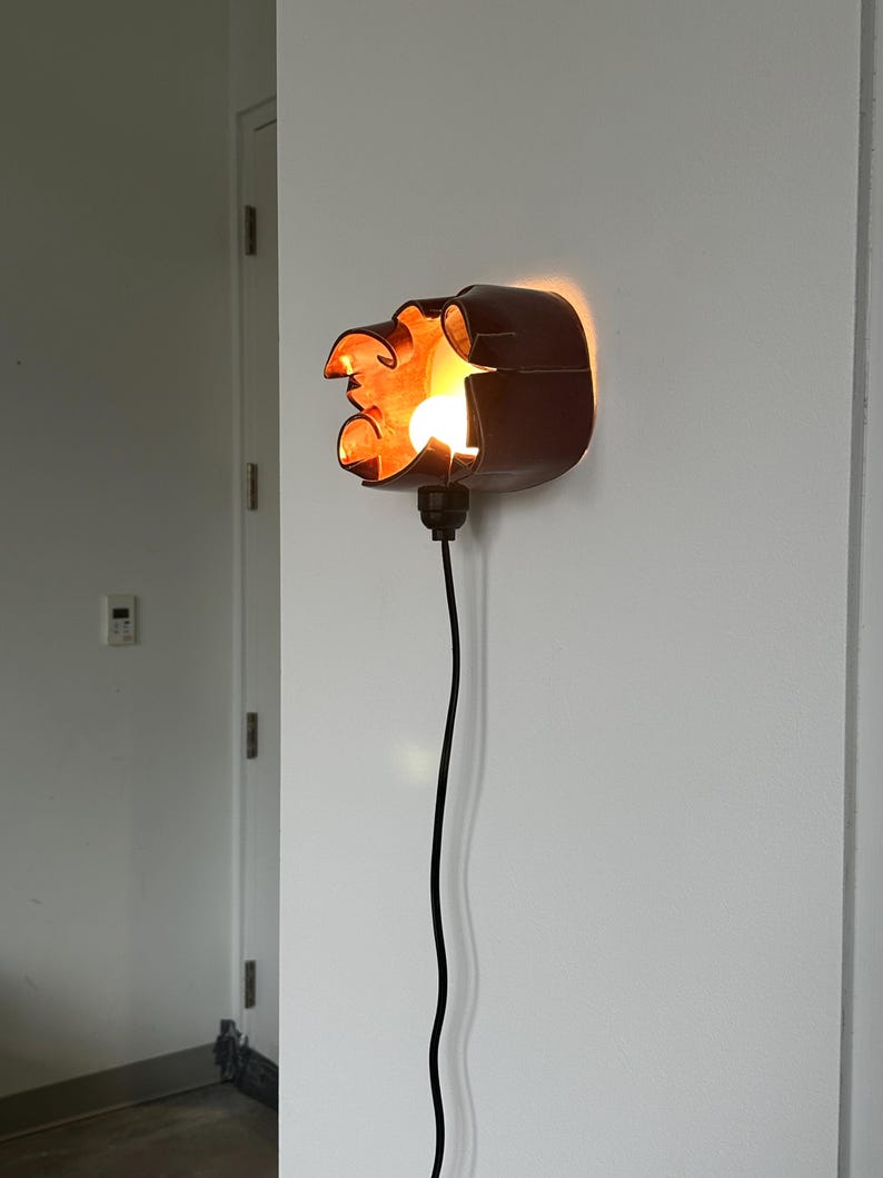 May include: A unique, brown wall sconce with an exposed light bulb. The fixture has an organic, sculpted shape and casts a warm, inviting glow. A black cord extends downward from the sconce.