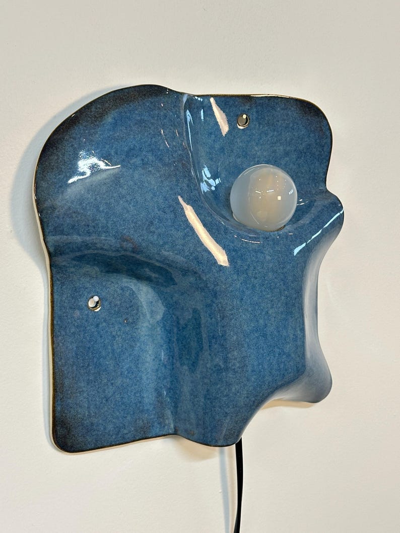 Blue Ceramic Wall Sconce, Plug-In Dimmable Ambient Lamp, Unique Handmade Statement Lighting for Contemporary Interior Design, Accent Lamp image 3