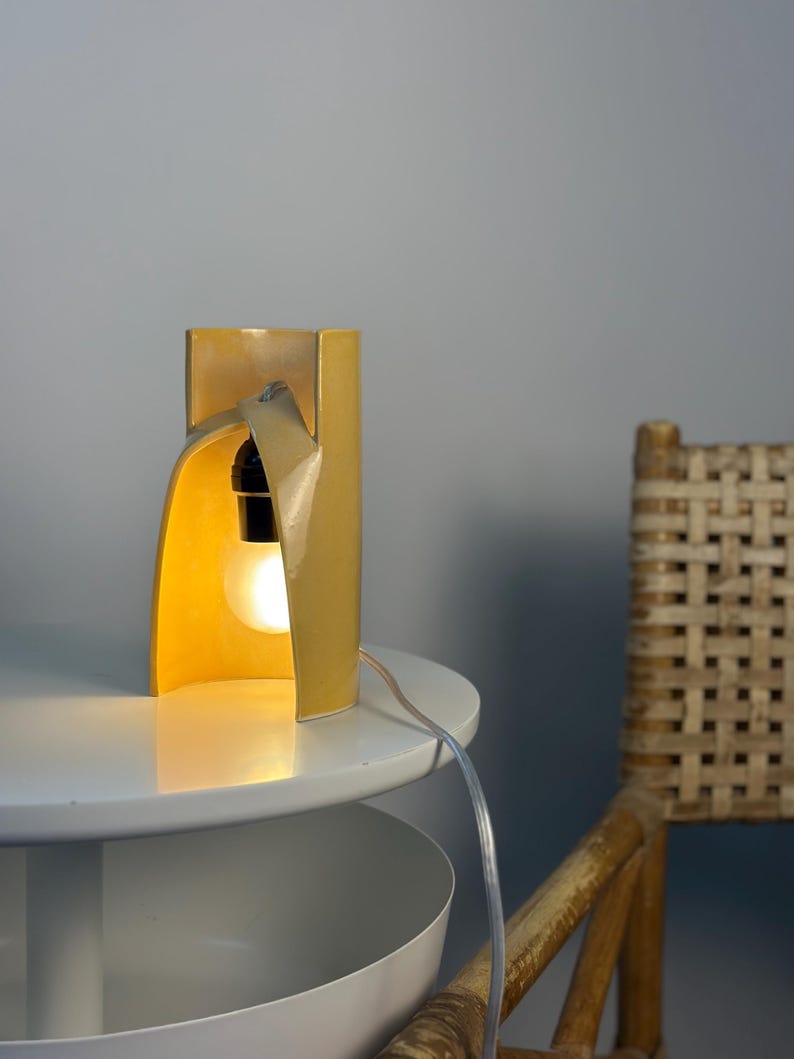 Handmade Yellow Ceramic Table Lamp, Dimmable Bedside Accent Light, Modern Decor image 1