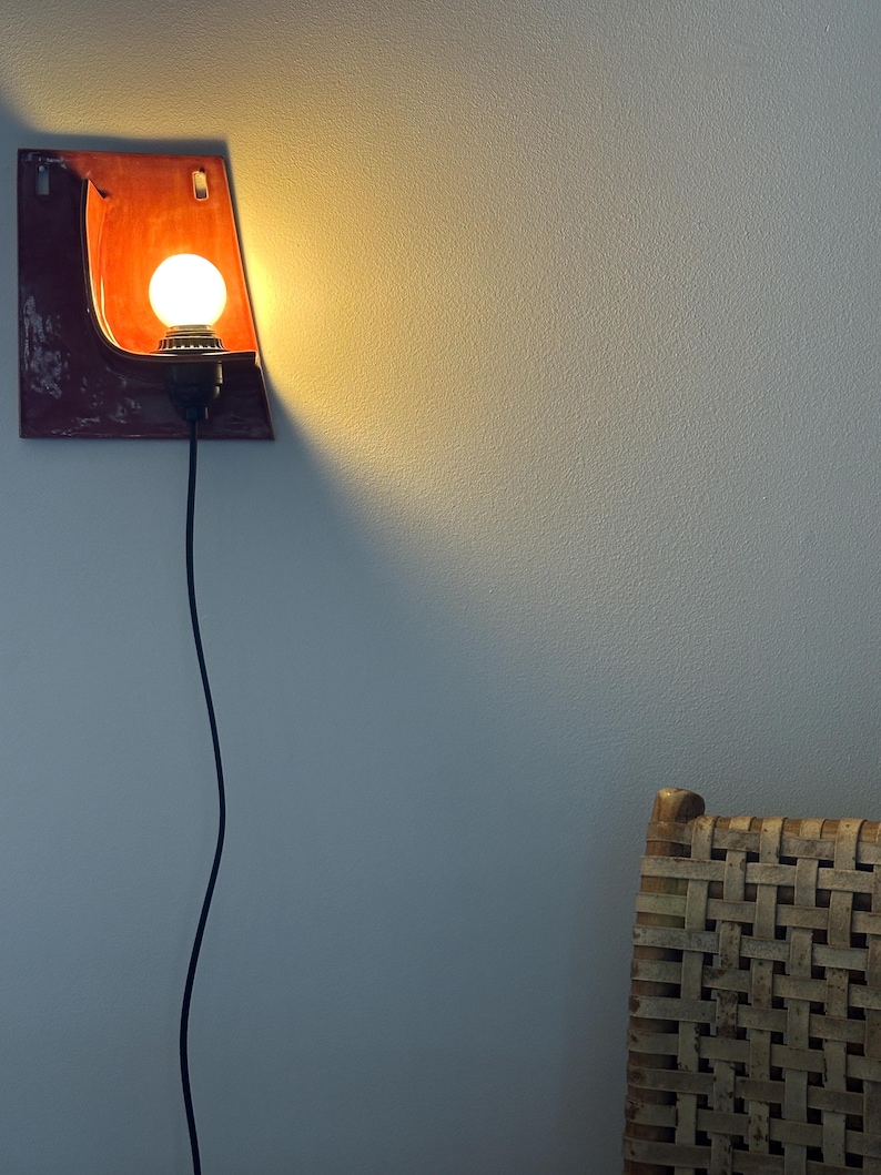 Handmade Burgundy Ceramic Wall Sconce, Plug-In Ambient Light Fixture image 9