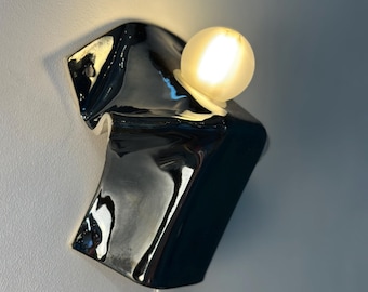Handmade Ceramic Wall Sconce, Silver Graphite, Modern Plug-In Lamp, Geometric Light