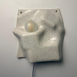 May include: A wall-mounted light fixture featuring a white ceramic base with a black speckled pattern. The base has an irregular, undulating surface with two circular holes at the top corners and a single frosted glass globe bulb attached.