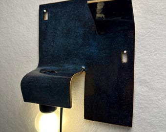 Handmade Ceramic Wall Sconce, Navy Blue Accent Light, Plug-in Ambient Lighting