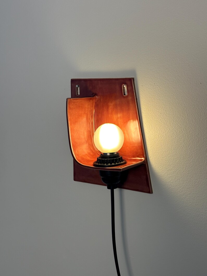 Handmade Burgundy Ceramic Wall Sconce, Plug-In Ambient Light Fixture image 8