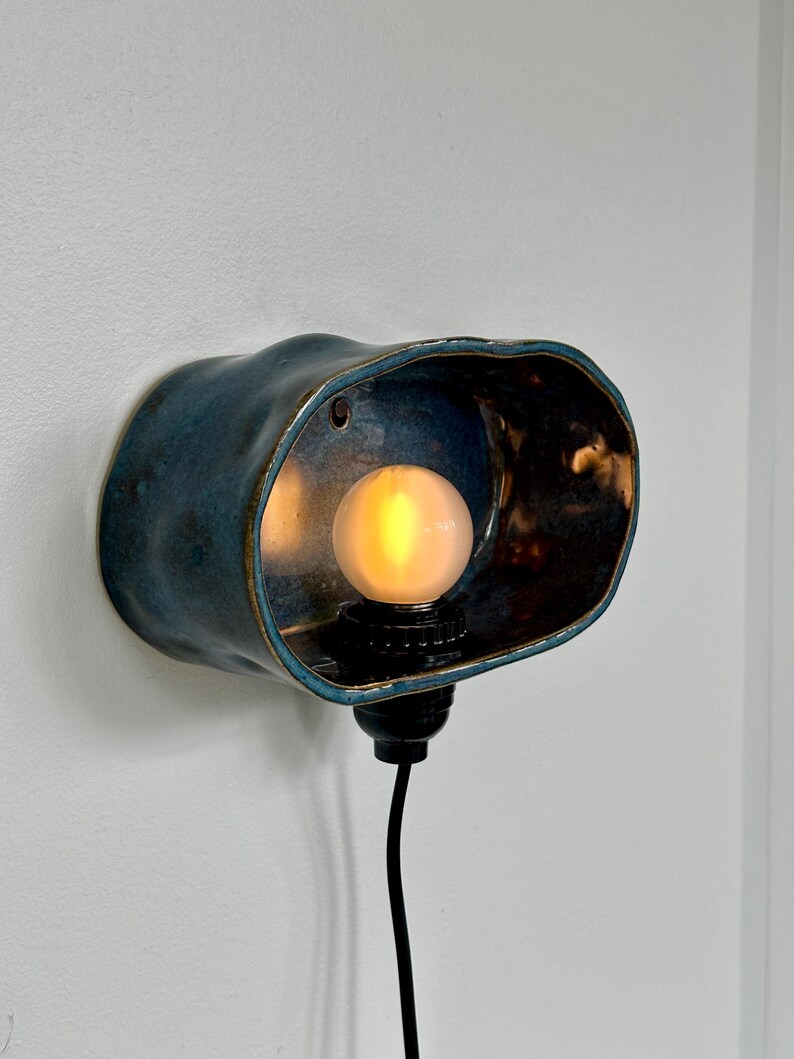 Handmade Blue Ceramic Plug-In Wall Sconce, Dimmable Modern Accent Light image 3