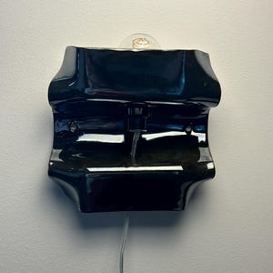 May include: A glossy black ceramic wall sconce with a curved, undulating form. The fixture features a central socket holding a clear glass light bulb with a visible filament. A thin, transparent electrical cord extends downward from the base.