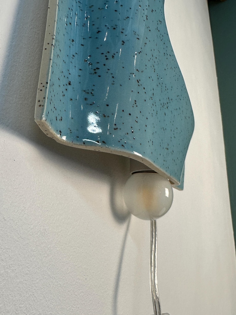 May include: A wall-mounted light fixture featuring a curved, light blue ceramic shade with a speckled dark brown pattern. The fixture includes a single, round, frosted white glass bulb suspended from the bottom, connected by a clear power cord.
