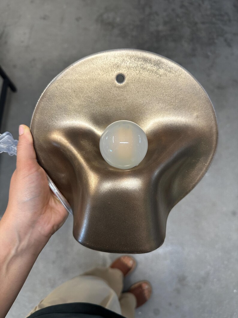 May include: A wall-mounted lamp featuring a metallic bronze, organic, undulating shade with a circular mounting hole at the top. A single, spherical, frosted white light bulb is centered within the recessed, curved basin of the fixture.
