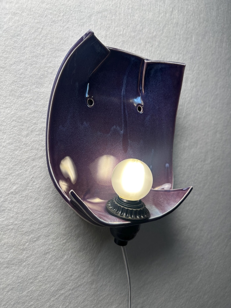 Handmade Purple Ceramic Wall Sconce, Modern Statement Lamp, Dimmable Plug-In Light image 2