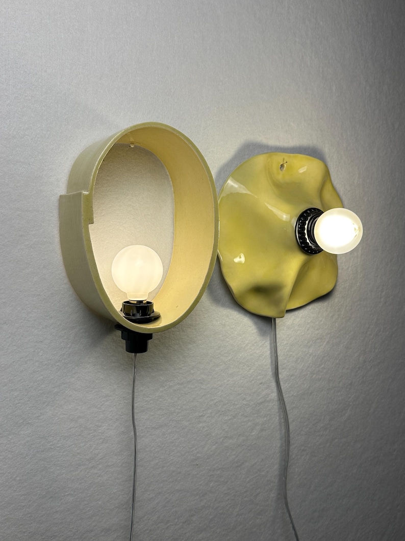 Handmade Ceramic Wall Sconces, Yellow Dimmable Plug-in Lamps, Contemporary Lighting Set image 8