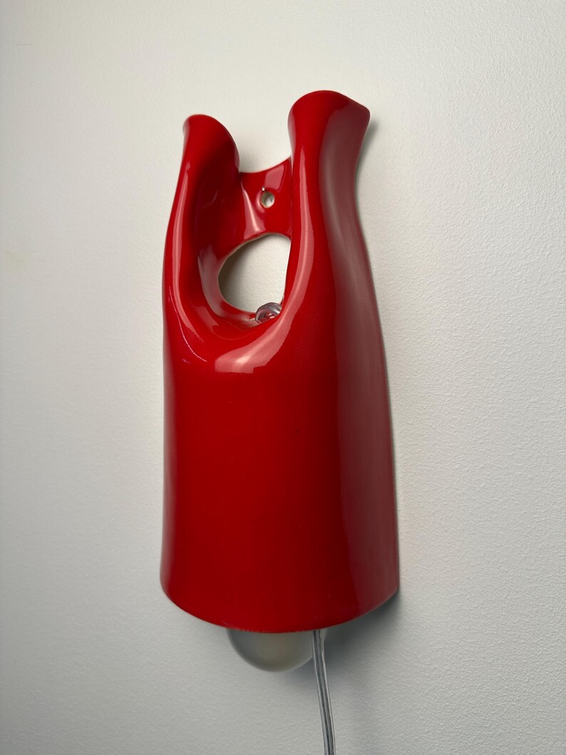 May include: A glossy red wall-mounted light fixture with a smooth, curved, organic shape. The fixture features a central circular cutout near the top for mounting and a clear light bulb extending from the bottom, connected by a thin, transparent cord.