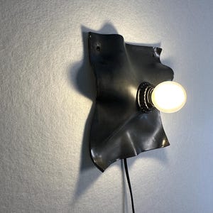 May include: A wall-mounted lamp featuring a matte black, irregularly shaped, wavy metal backplate. A single round, glowing light bulb is mounted on the right side of the plate. A thin black power cord extends downward from the base of the light fixture.