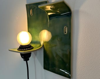 Green Ceramic Plug-In Wall Sconce, Sculptural Modern Wall Light, Easy-Install Dimmable Lamp, Contemporary Interior Design Lighting