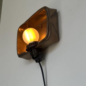 May include: A bronze-colored wall sconce with a warm, glowing light bulb. The sconce has a geometric, folded design, and the bulb is encased within. A black electrical cord extends from the fixture.