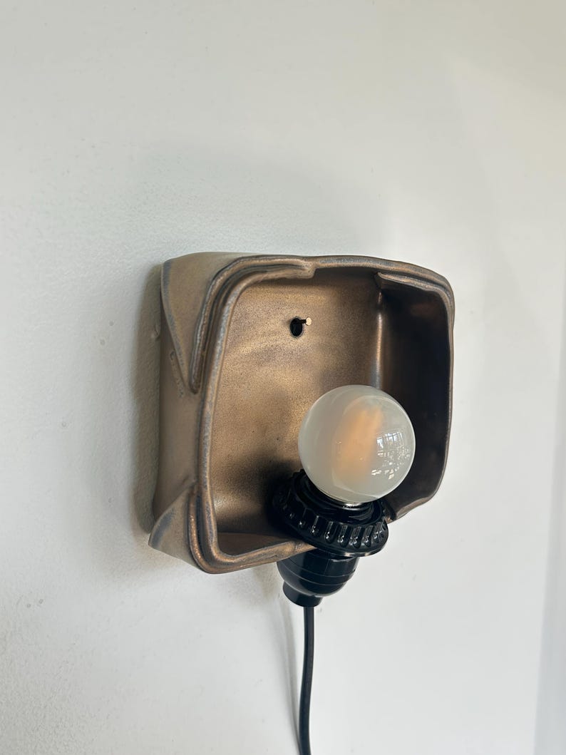 May include: A bronze-colored wall sconce with a square, textured shade. A black light socket holds a round, frosted light bulb. The sconce is mounted on a white wall, with a black power cord.