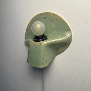 Puede incluir: Un aplique de pared con una base de cer&aacute;mica de color verde claro moteado, con una forma curva y un acabado brillante. Una bombilla redonda de cristal blanco esmerilado se asienta en un casquillo negro centrado, con un cable fino.