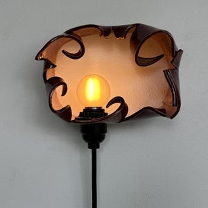 May include: A unique, handcrafted wall sconce featuring a dark brown, petal-shaped shade. The shade surrounds a warm, glowing light bulb. The sconce has a black base and a black cord. The overall design is artistic and decorative.