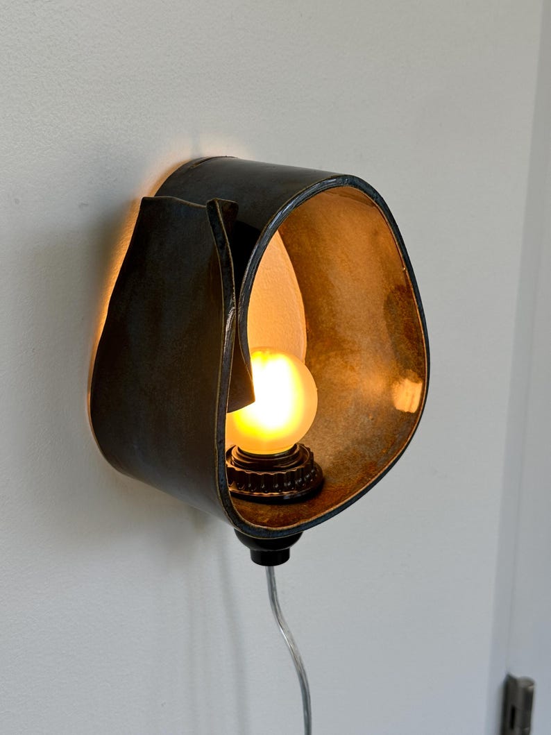 May include: A unique wall sconce with a dark, textured exterior and a warm, golden interior. The sconce houses a small, round light bulb, casting a soft glow. The fixture is mounted on a white wall, with a cord extending downwards.